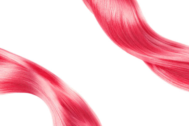 capelli rosa lucidi isolati su bianco. sfondo con spazio di copia - human hair curled up hair extension isolated foto e immagini stock
