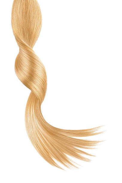 capelli biondi lucidi su sfondo bianco, isolati - human hair curled up hair extension isolated foto e immagini stock