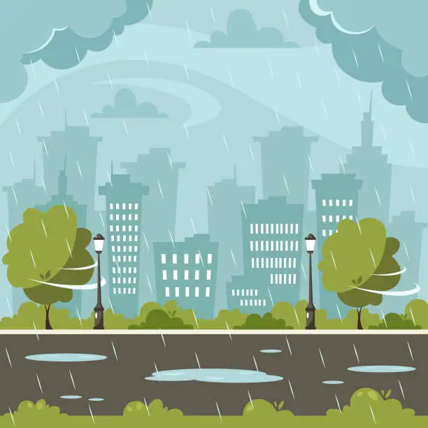 Vector illustration of Rain on city background. Rainy and windy day. Vector illustration in flat style.