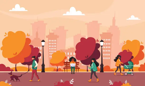 Vector illustration of People doing various outdoor activities in autumn park. Walking with dog, walking with baby carriage. Autumn activities.