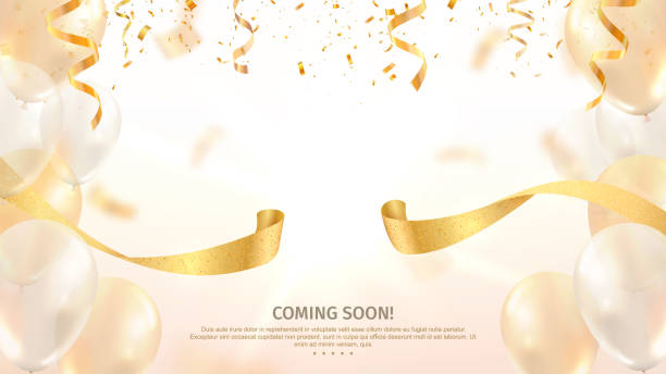 Grand opening vector banner. Celebration of open coming soon light background with gold ribbon and confetti and balloons Grand opening vector banner. Celebration of open coming soon light background with gold ribbon and confetti and balloons. opening event stock illustrations