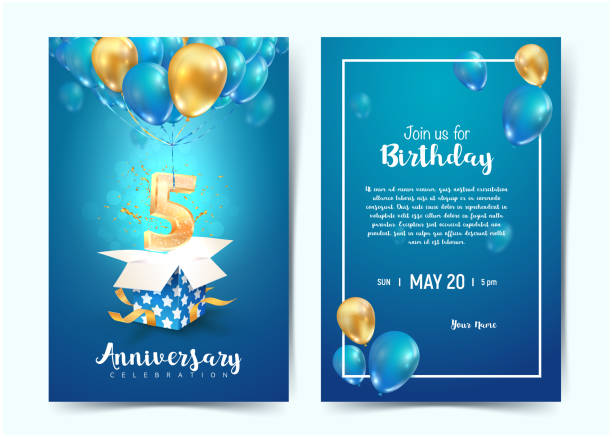 5 주년 생일 벡터 초대 카드의 축하. 5주년 기념 행사. 파란색 배경에 초대 템플릿 인쇄 - fifth birthday stock illustrations