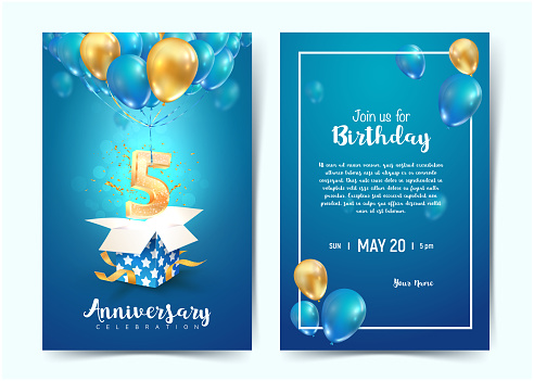 Celebration of 5 th years birthday vector invitation cards. Fifth years anniversary celebration. Print templates of invitational on blue background.
