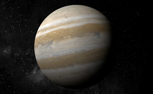 Planet Jupiter with typical great spot - largest planet in the Solar System