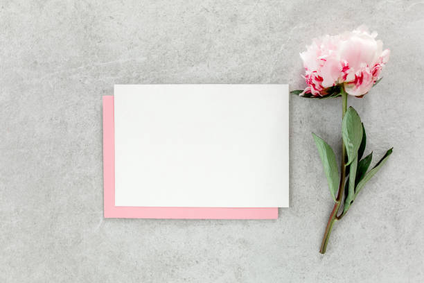 istock Mockup invitation, blank paper greeting card, pink envelope and peonies on gray stone table. Flower background. Flat lay, top view 1273547310