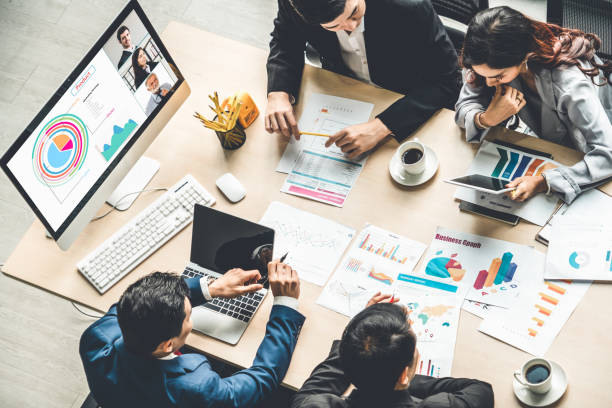 istock Video call group business people meeting on virtual workplace or remote office 1273548225