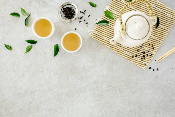 istock Herbal tea with two white tea cups and teapot, with green tea leaves. Flat lay, top view. Tea concept 1273549114