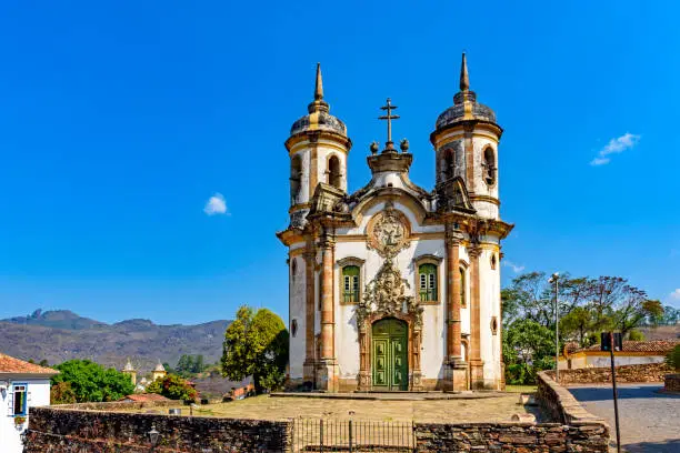 Front view of historic 18th century church in colonial architecture in the city of Ouro Preto in Minas Gerais, Brazil