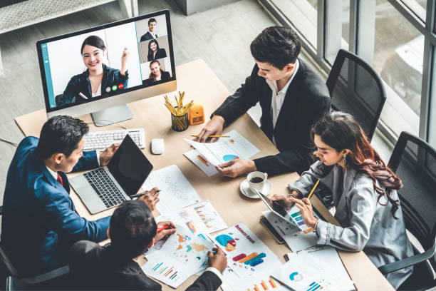 istock Video call group business people meeting on virtual workplace or remote office 1273551160