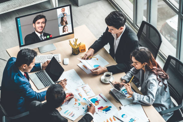 istock Video call group business people meeting on virtual workplace or remote office 1273552796