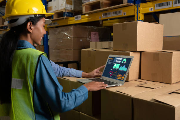 istock Warehouse management software application in computer for real time monitoring 1273553573