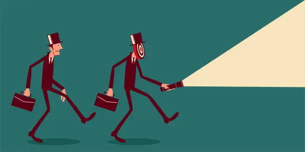 Vector illustration of Young businessman follows through with his goal, walking after a man who has a dartboard (target) face and shines a flashlight