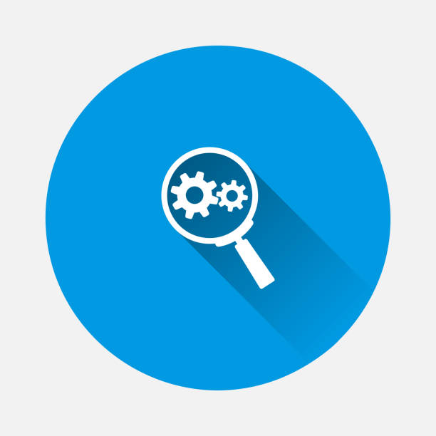 ilustrações de stock, clip art, desenhos animados e ícones de ivector gear tool search magnifier con on blue background. flat image with long shadow. - configure