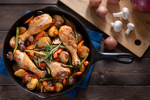 Chicken with Potatoes, Green Beans, Brussels Sprouts, Carrots and Mushrooms, Roasted in a Cast Iron Skillet