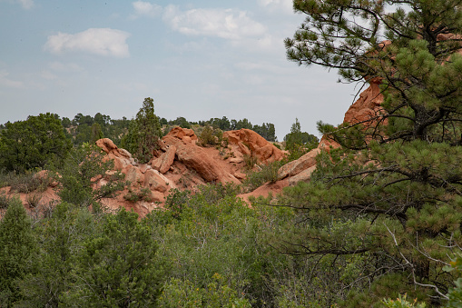Road leading into Garden of the Gods from Old Colorado City and Manitou Springs. View of the central features of the park from the south.