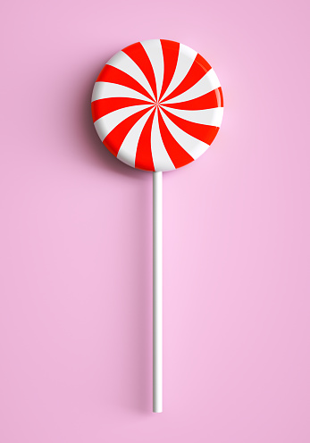 Round lollipop with a stick on a pink background. Sweet red and white candy. 3D rendering and 3D illustration.