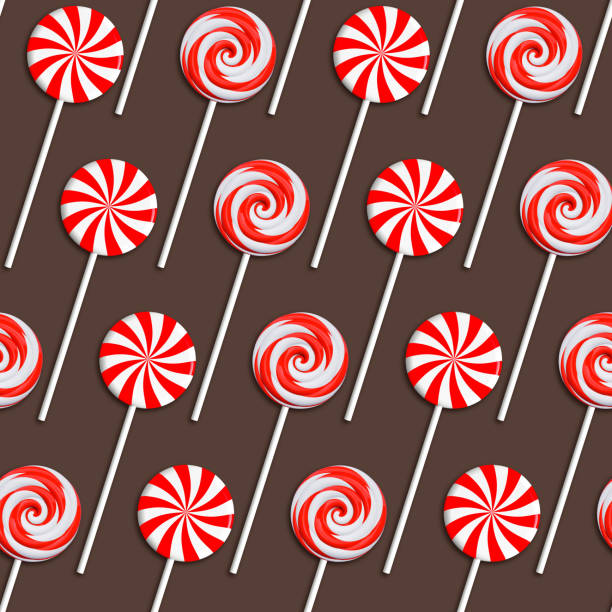 Seamless texture of round lollipops on a brown background. 3D rendering and 3D illustration.