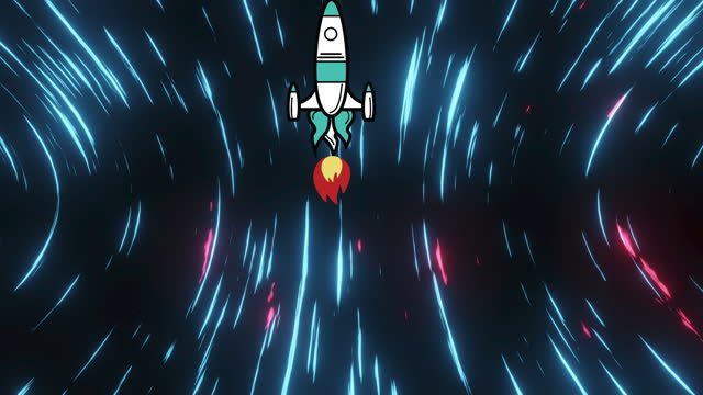 Rocket flying against light trails moving on black background