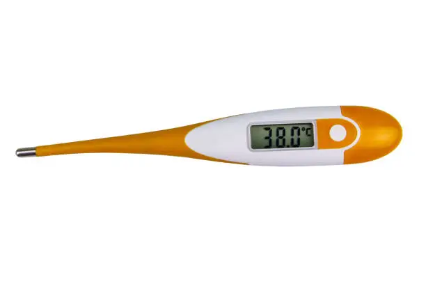 Photo of Digital medical thermometer showing high fever temperature isolated on white background