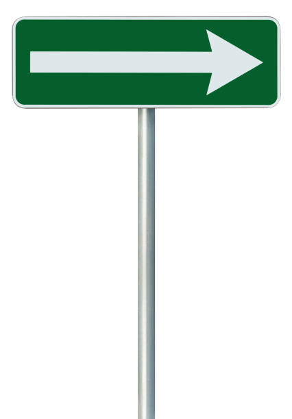 Right traffic route only direction road sign turn pointer, green isolated roadside signage, white arrow icon and frame, grey pole post