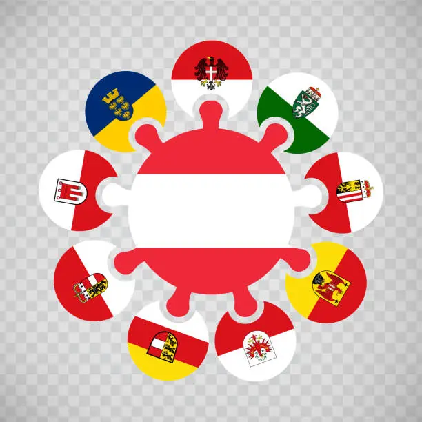 Vector illustration of Puzzle from Austria flags on transparent background. Austria Flags Puzzle. Set of puzzles with flags of nine lands Austria.  EPS10.