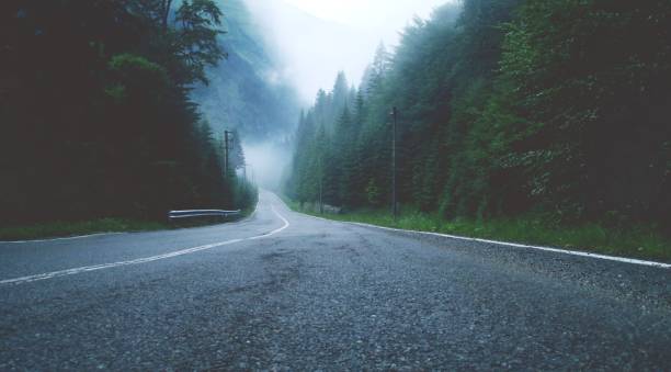 route de montagne dans les brumes d’une journée d’été pluvieuse générant un paysage de mystère et d’enchantement. - asphalt two lane highway natural phenomenon fog photos et images de collection