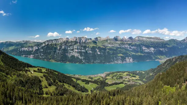 Aerial panorama view of Walensee from Flumserberg, Switzerland by drone photography