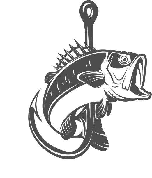ilustraciones, imágenes clip art, dibujos animados e iconos de stock de ilustración de la lubina y el anzuelo de pesca. elemento de diseño para cartel, tarjeta, banner, signo, emblema. ilustración vectorial - anzuelo de pesca ilustraciones