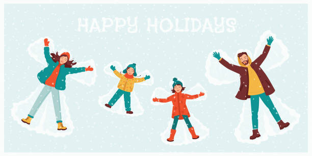 ilustrações de stock, clip art, desenhos animados e ícones de happy family mom, dad, son, daughter make a snow angel. concept family holidays, template for postcard, invitation, banner of congratulations new year and christmas, hello winter. vector illustration - winter men joy leisure activity