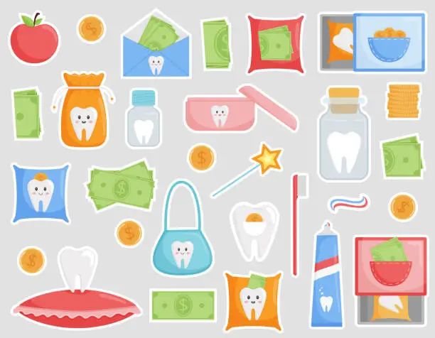 Vector illustration of Set of stickers on the theme of tooth loss and children's dentistry. Bags, boxes, jars for the tooth fairy. Money, coins for a lost tooth. The design elements in funny cartoon style. Isolated on white