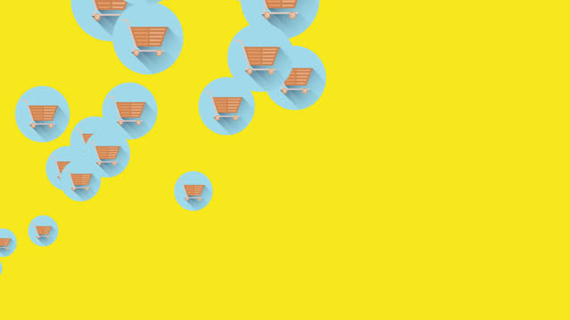 Multiple shopping cart icons moving against yellow background