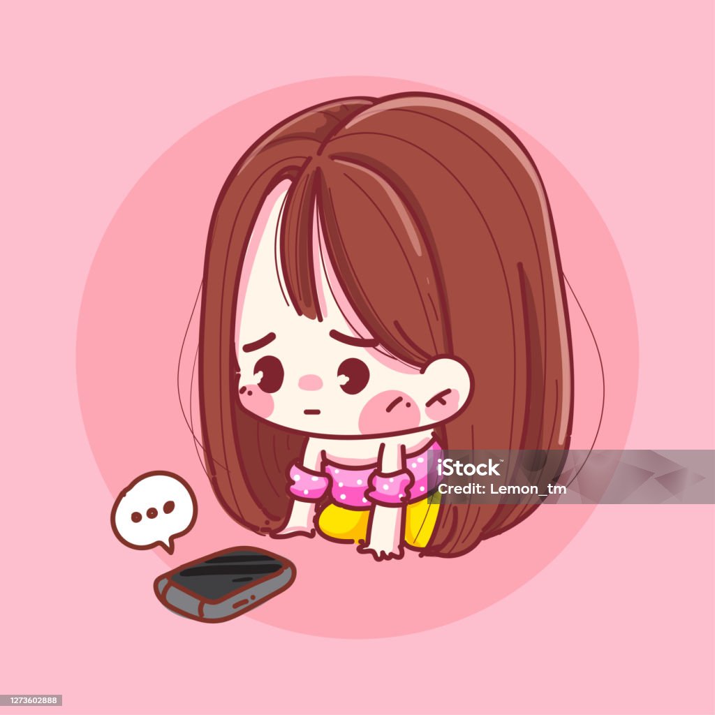 A Sad Girl Waiting For A Phone Call On Alone Background With Wait Concept  Stock Illustration - Download Image Now - iStock