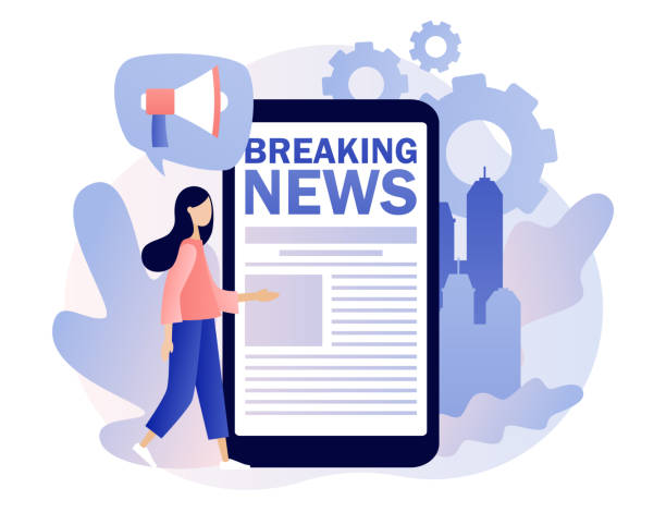 istock Breaking news. Tiny woman read news online using smartphone  app. Newspaper on mobile phone. Modern flat cartoon style. Vector illustration on white background 1273603993
