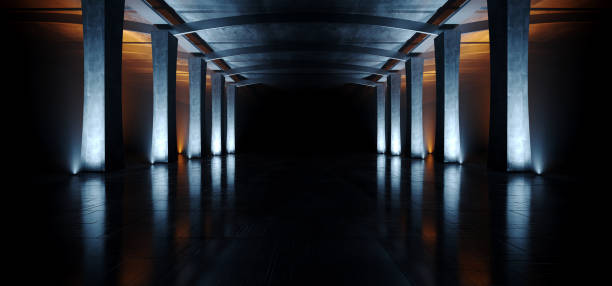 istock Industrial Large Hangar Garage Spotlights Orange Blue Glowing Empty Warehouse Tunnel Corridor Concrete Floor With Columns background Modern 3D Rendering 1273604080