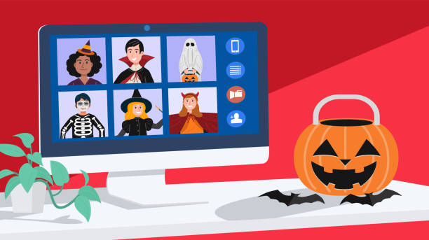 illustrations, cliparts, dessins animés et icônes de enfants dans des réunions vidéo de robe d’halloween à la maison. vecteur - halloween witch child pumpkin