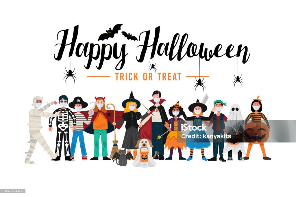 Halloween-Party-Hintergrund, Kinder in Halloween-Kostüme tragen Gesichtsmasken. Vektor - Lizenzfrei Halloween Vektorgrafik