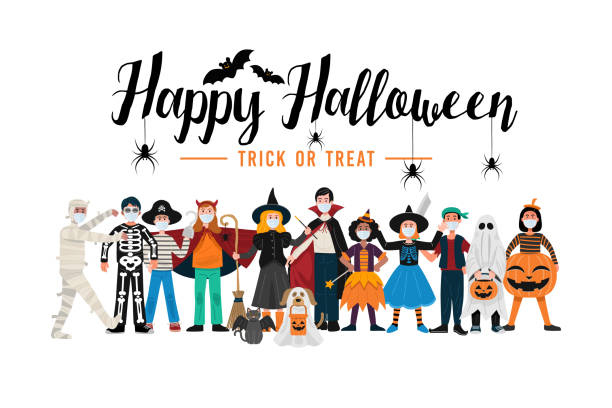 ilustraciones, imágenes clip art, dibujos animados e iconos de stock de fondo de fiesta de halloween, niños en disfraces de halloween usando máscaras faciales. vector - halloween