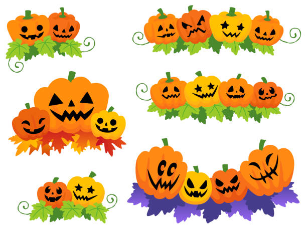 illustrazioni stock, clip art, cartoni animati e icone di tendenza di set di illustrazioni per la decorazione della zucca di halloween - decoration fun in a row vibrant color