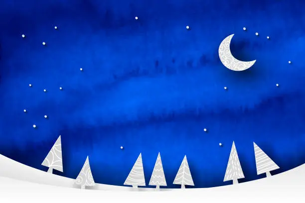 Vector illustration of Watercolor and papercut winter scene with night sky, moon and fir trees