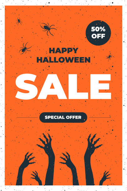 Halloween Sale vector flyer illustration with zombie hands  and spiders on cemetery on orange background. Holiday design for offer, coupon, voucher, holiday sale discount coupon template silhouette stock illustrations