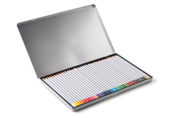 istock Color pencils in metal case isolated on white background 1273628919
