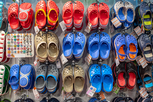 Bangkok, Thailand - november 18, 2014 : A large variety of Crocs on display in a Siam Paragon Mall in Bangkok, Thailand