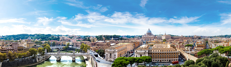 Panoramic aerial view of Rome and Basilica of St. Peter in a summer day in Vatican