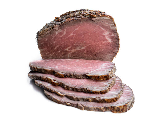 istock Sliced roast beef isolated on white background 1273638953
