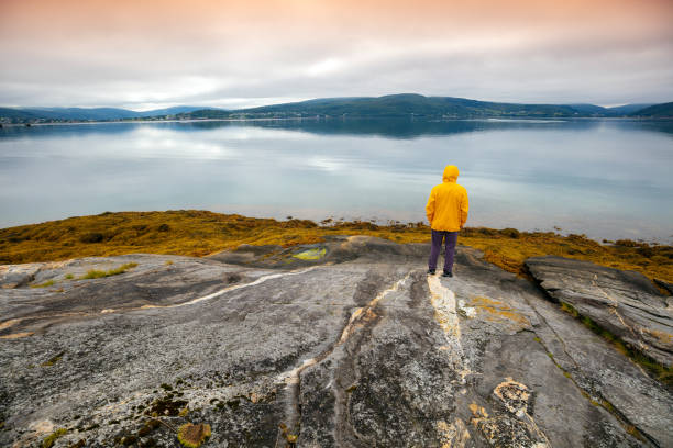 피요르드의 탁 트인 전경. 바위 위에 서서 바다를 바라보는 젊은이. 일몰에 아름다운 산 풍경. 스칸디나비아 자연. 노르웨이, 유럽 - mountain looking at view beach cliff 뉴스 사진 이미지