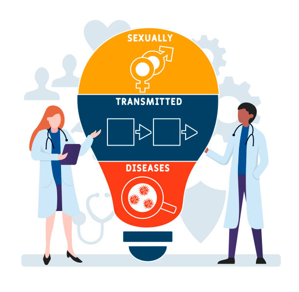 ilustraciones, imágenes clip art, dibujos animados e iconos de stock de diseño plano con personas. ets - acrónimo de enfermedades de transmisión sexual, concepto médico. - retrovirus hiv sexually transmitted disease aids