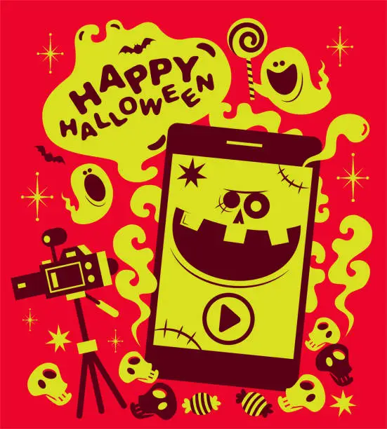 Vector illustration of Spooky Halloween smart phone monster is singing in front of a digital camera set on a tripod, trying to be a successful YouTuber