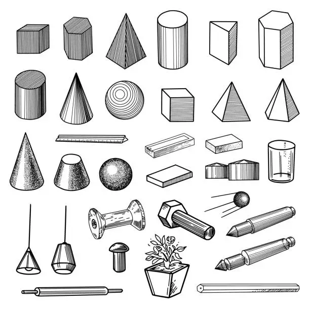 Vector illustration of Geometric 3D Shapes and Objects Drawing