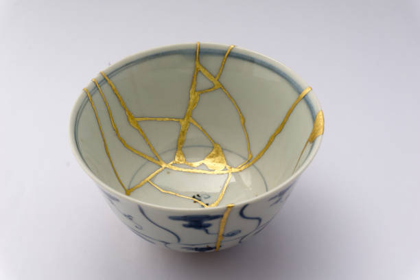 Kintsugi Japanese antique ceramic bowl stock photo