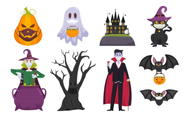 ilustraciones, imágenes clip art, dibujos animados e iconos de stock de colección de covid de halloween - halloween horror vampire witch